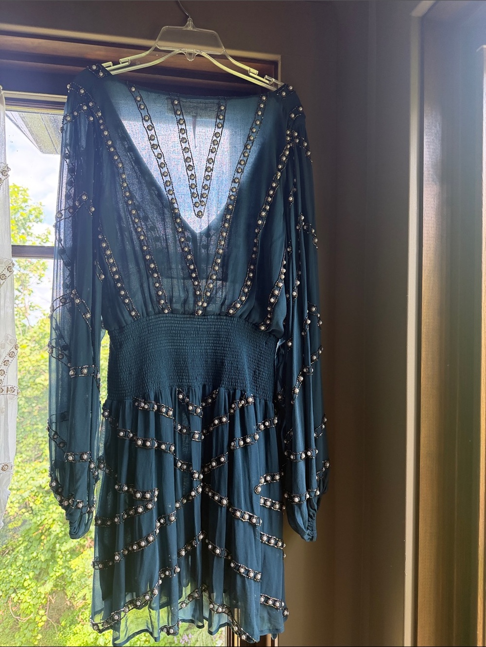 Jen's Pirate Booty pearl Embellished V-Neck Mini Dress BOHEMIAN wedding Small